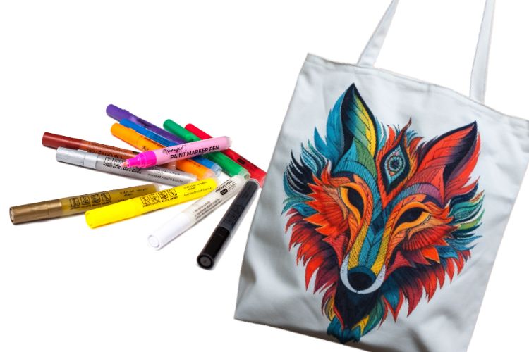 malovaný vlk na tašce akrylovými fixy